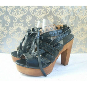 Fiel Makira Black Leather Woven Platform Sandal - Size 8.5 Bohemian 70s lace up!